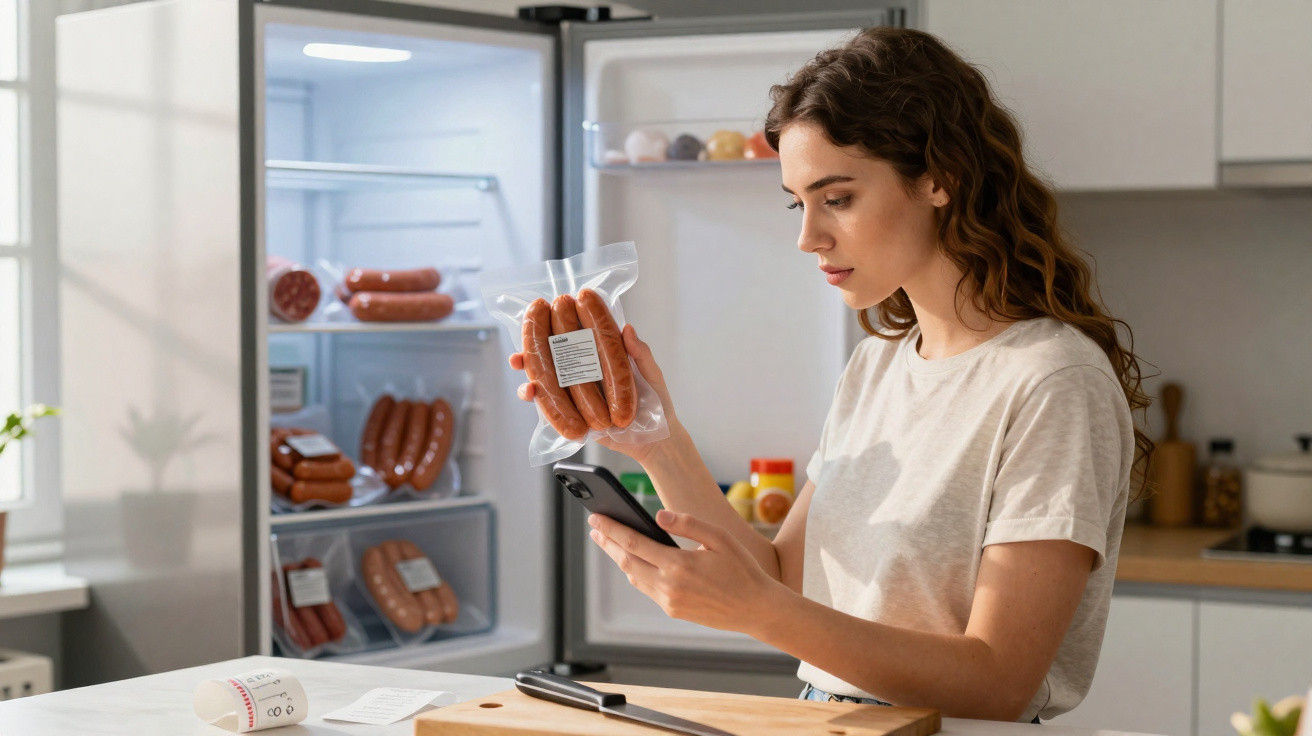 Mulher numa cozinha a consultar telemóvel enquanto segura embalagem de salsichas junto ao frigorífico aberto.