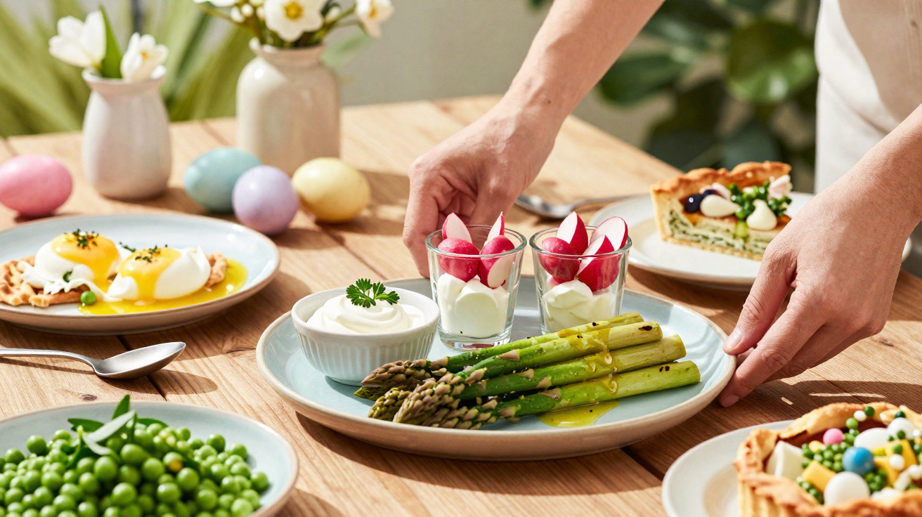 Mãos a servir prato com espargos verdes, iogurte com rabanetes e molho, ao lado de ovos escalfados e tarte decorada.
