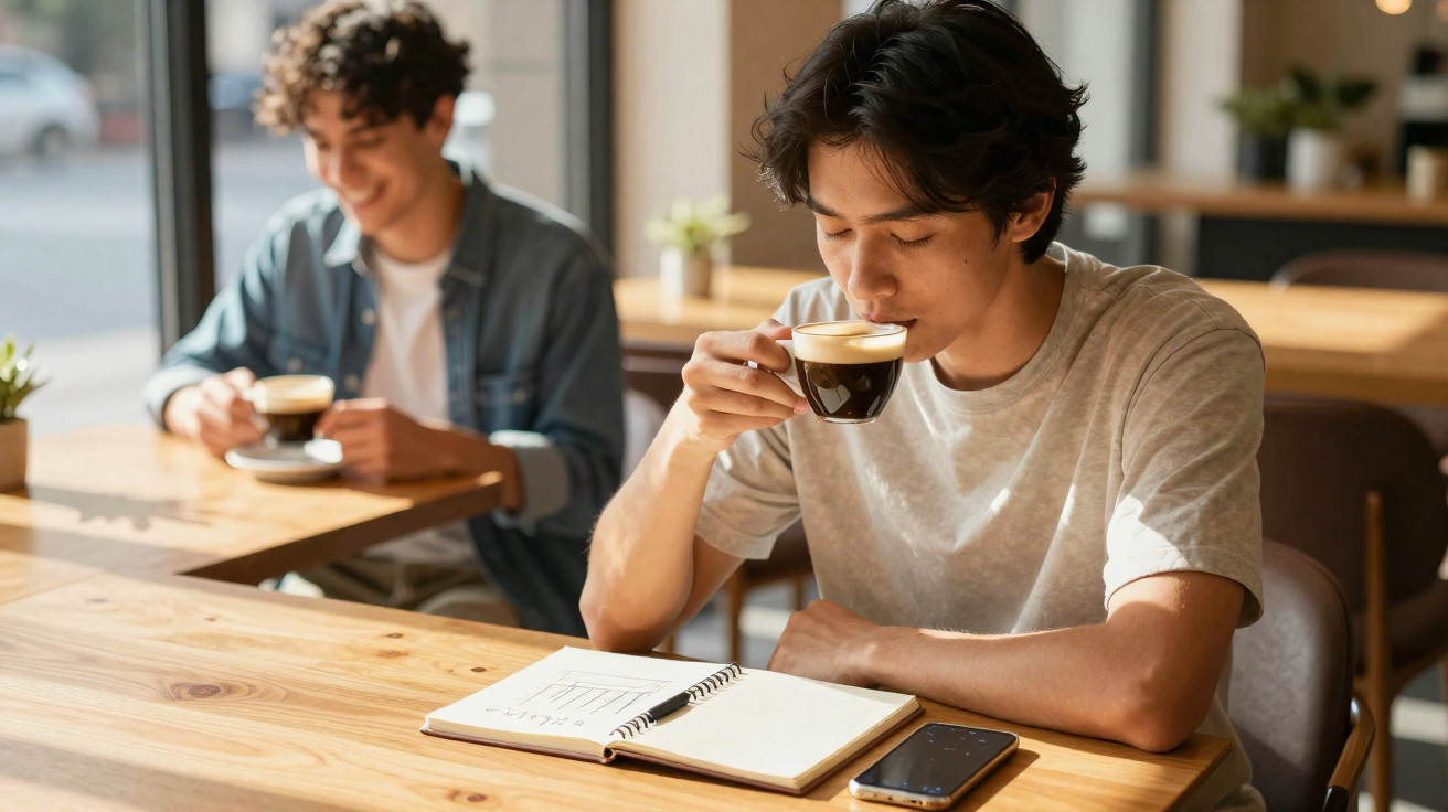 Jovem a beber café e a ler um caderno, com outro rapaz ao fundo também a beber café numa cafetaria iluminada.