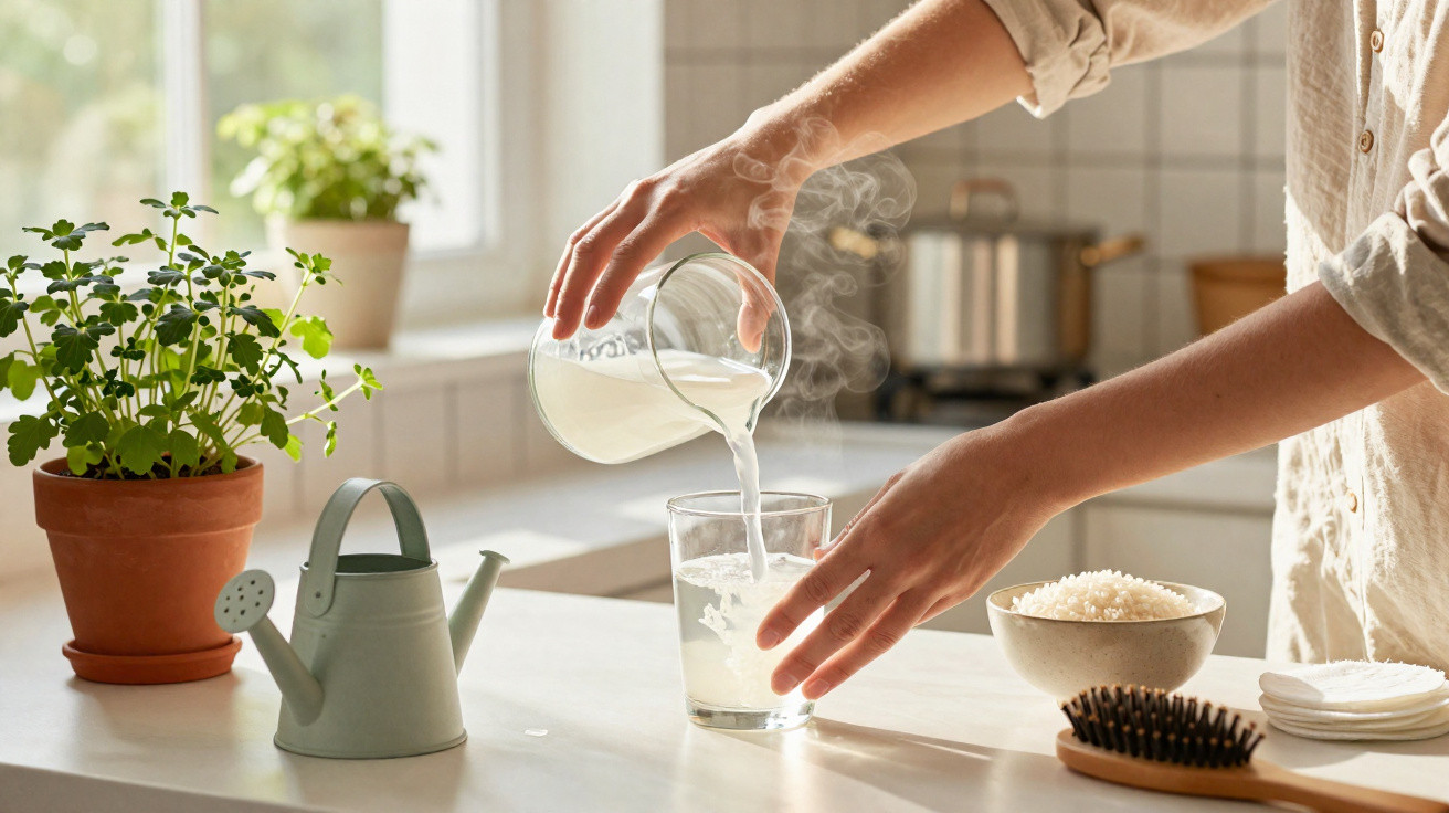 Mãos a verter líquido quente num copo numa cozinha iluminada, junto a plantas e utensílios diversos.