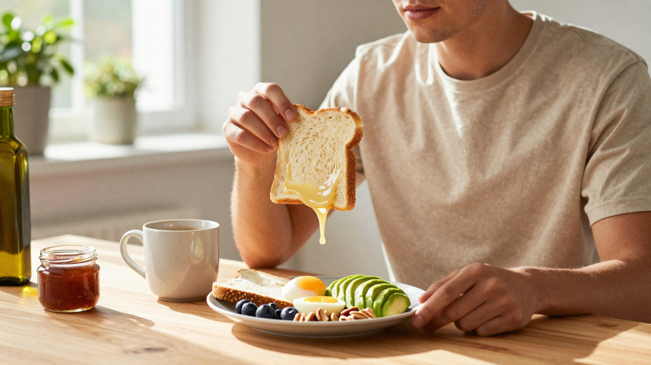 Homem a segurar uma fatia de pão com mel, numa mesa com pequeno-almoço saudável e café.