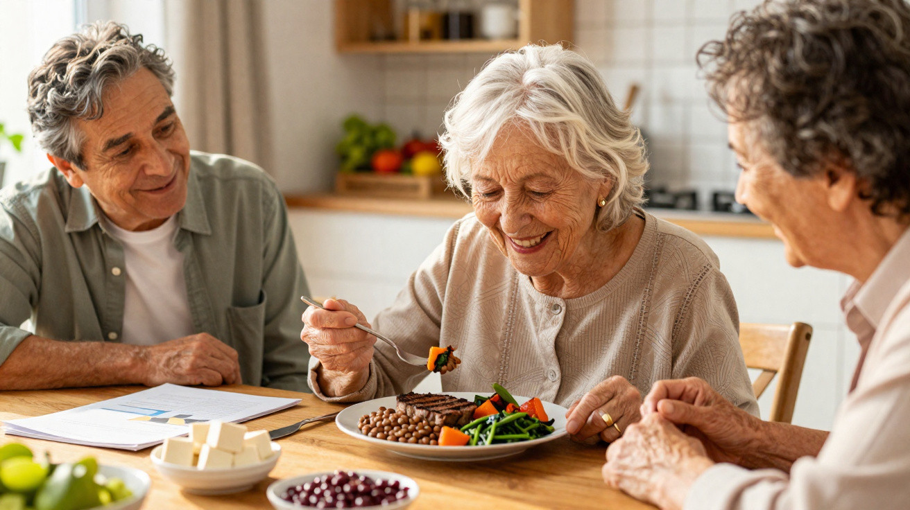 Três idosos felizes sentados à mesa, uma mulher a comer legumes e grãos, conversando numa cozinha iluminada.