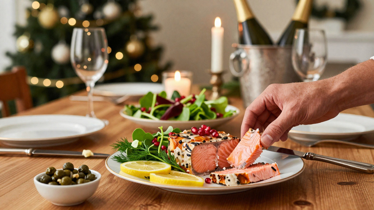 Pessoa a servir fatia de salmão com sementes e romã numa mesa decorada com prato de salada, velas e garrafas de champanhe.