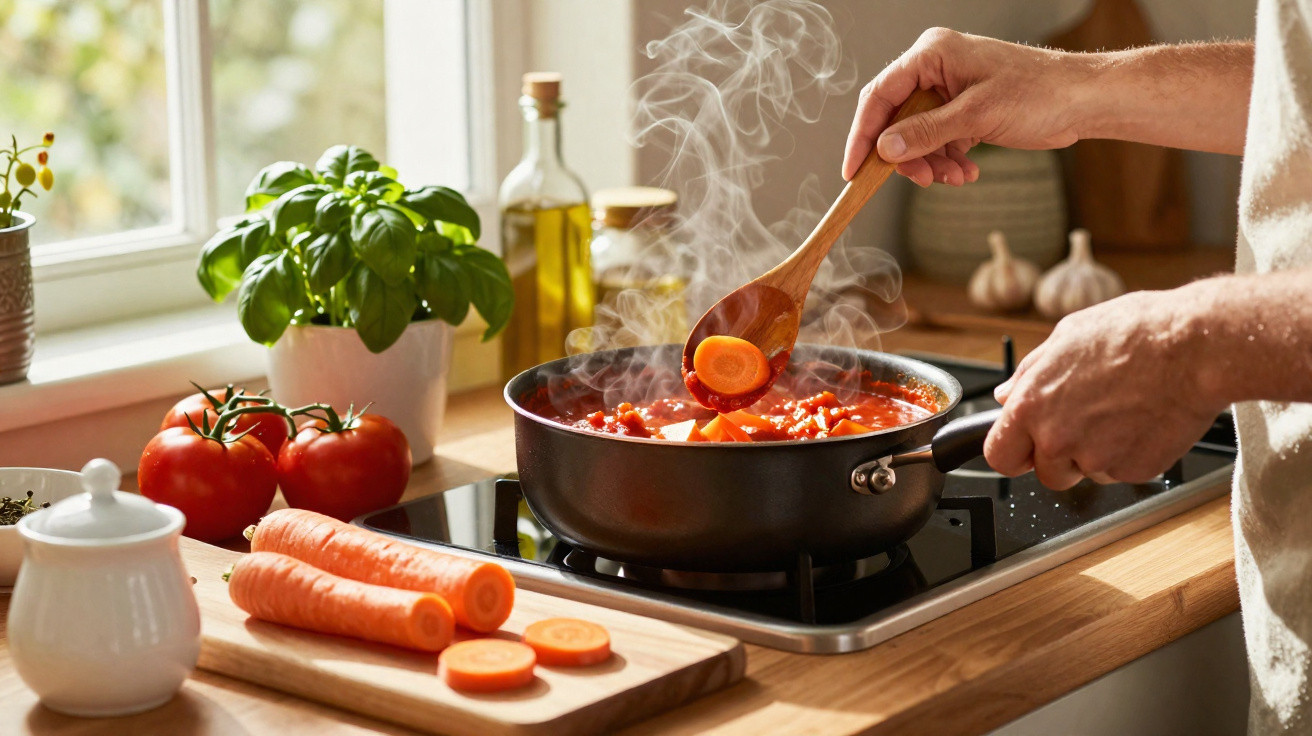 Pessoa a mexer uma panela com sopa de legumes a cozinhar numa cozinha iluminada.
