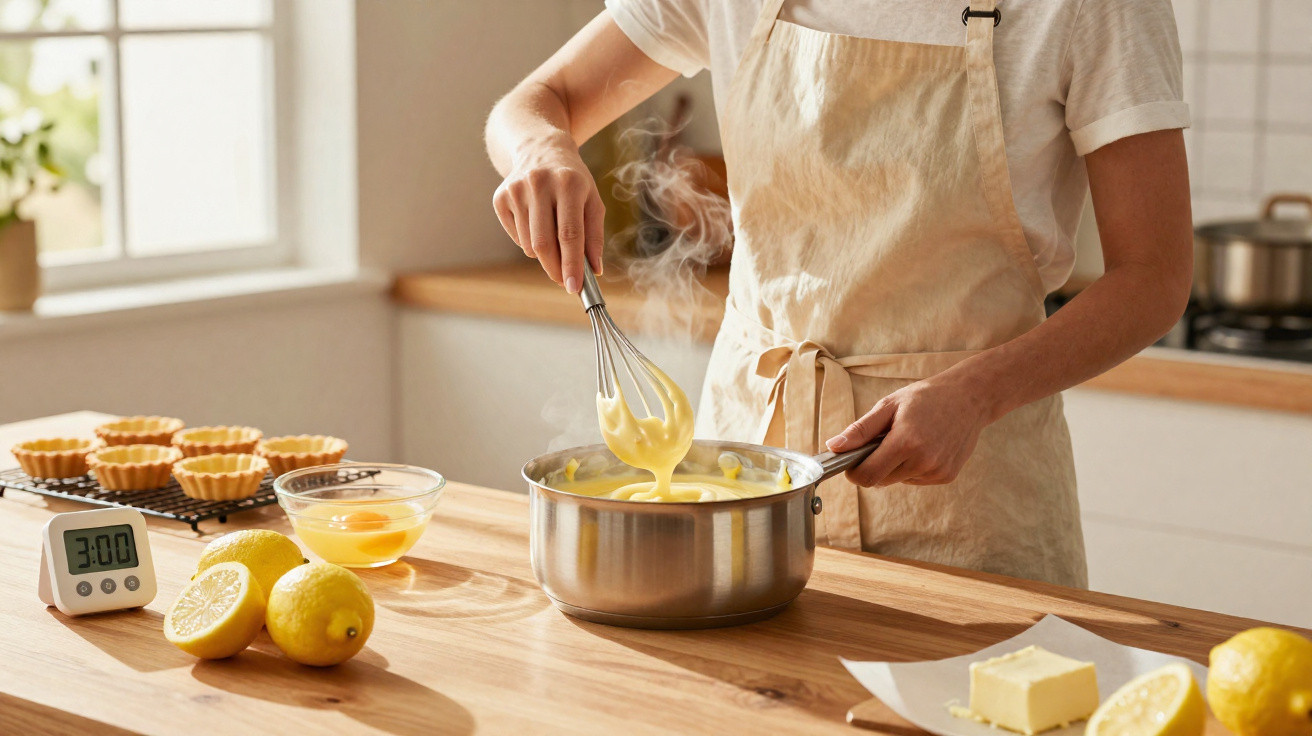 Pessoa a mexer creme de limão numa panela numa cozinha iluminada, com ingredientes e formas para tarte na bancada.