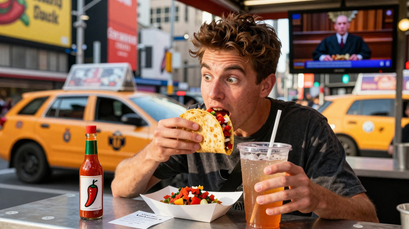 Jovem a comer taco e a beber refrigerante num restaurante de rua com táxis amarelos ao fundo.