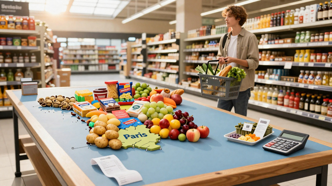 Homem a fazer compras no supermercado com mesa ilustrativa de produtos em forma do mapa de França.