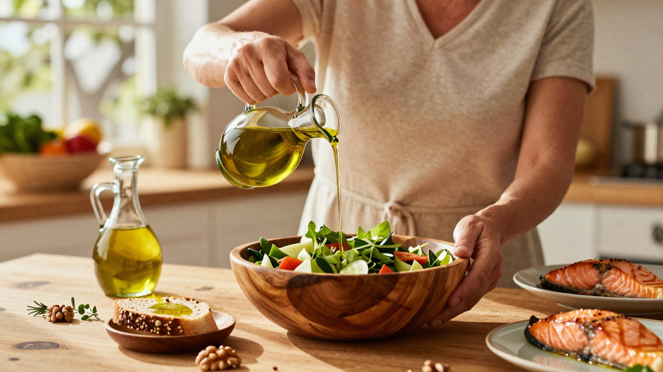 Pessoa a vestir bata bege a deitar azeite numa taça de madeira com salada numa cozinha iluminada.