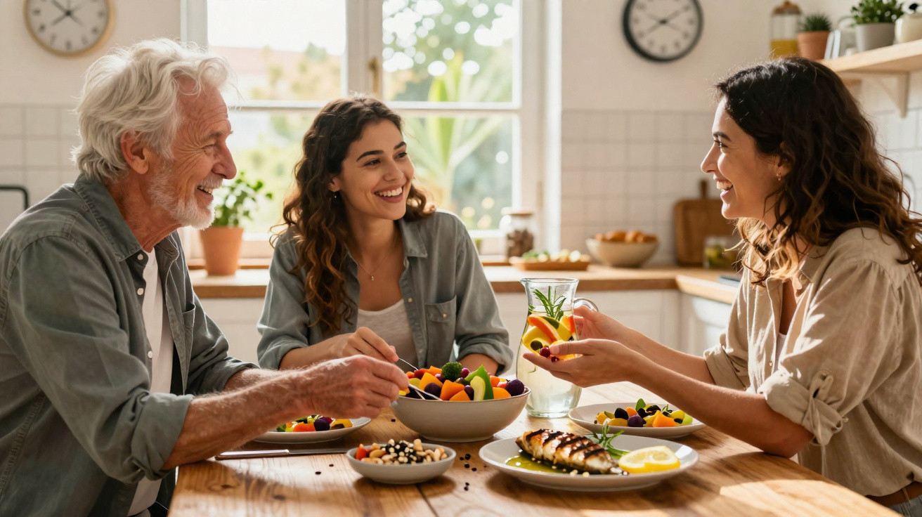 Três pessoas sorriem enquanto partilham uma refeição saudável à mesa de cozinha iluminada pela luz natural.