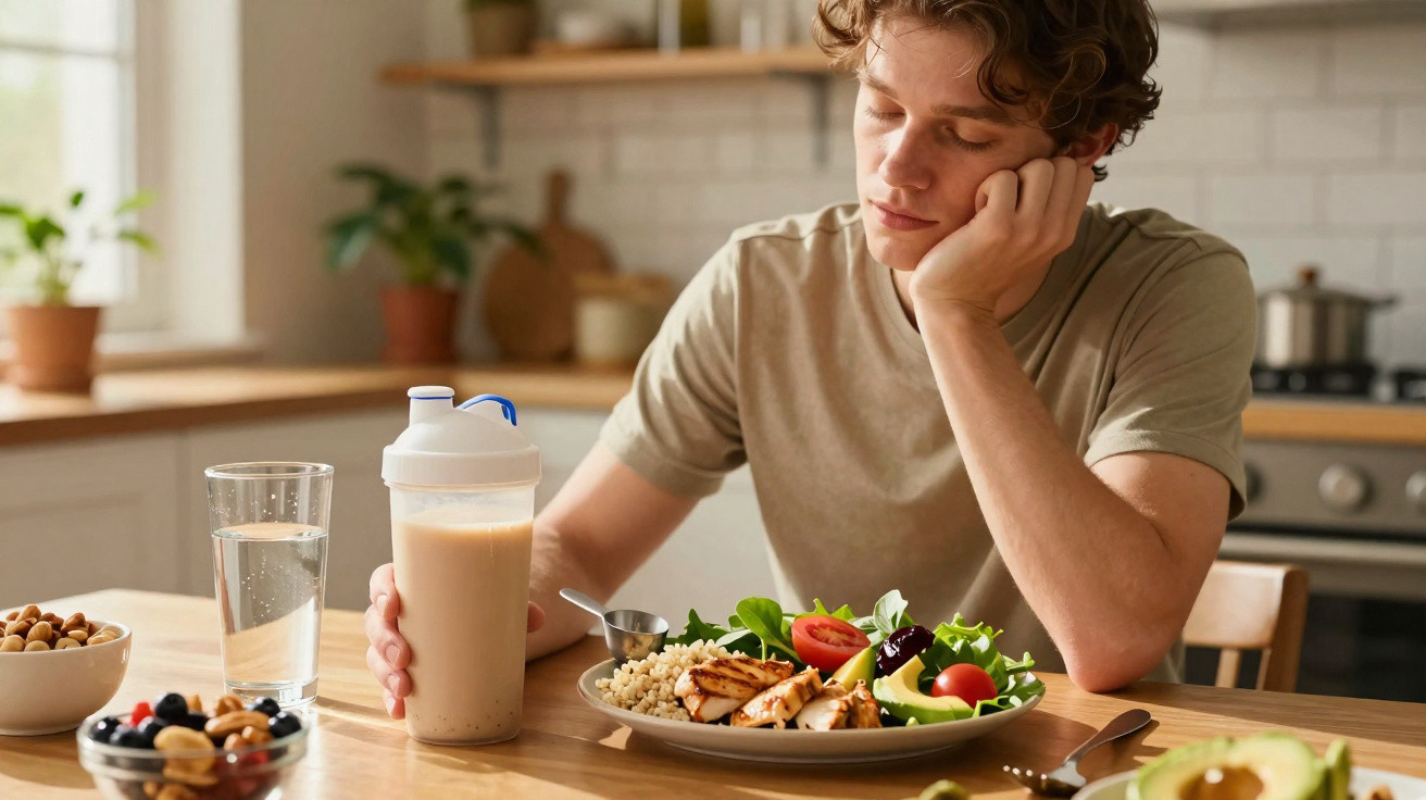 Jovem sentado à mesa olhando para a comida saudável e segurando um batido na cozinha.