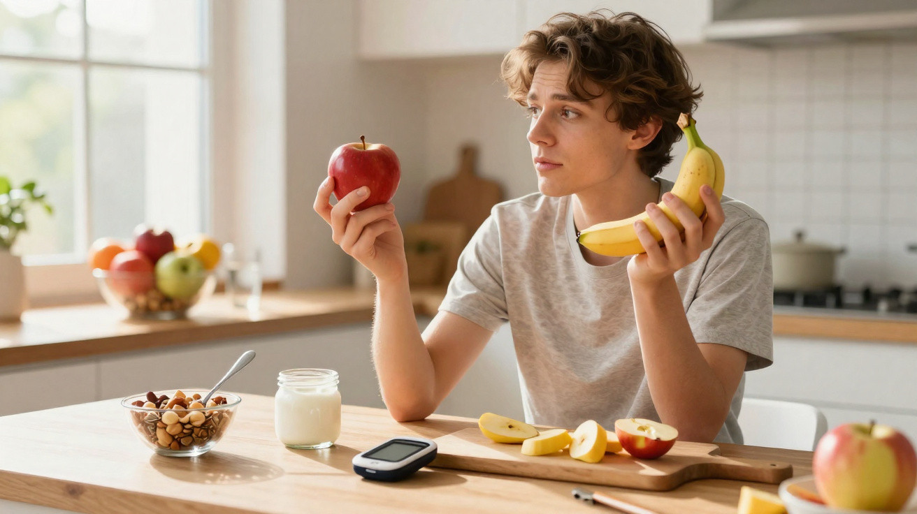Jovem a escolher entre maçã e banana na cozinha, com fruta, iogurte e monitor de glicemia na mesa.