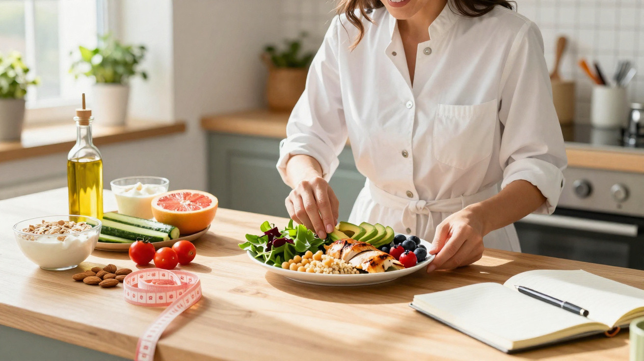 Mulher a preparar prato saudável com legumes, frutas e hortaliças numa cozinha moderna e luminosa.