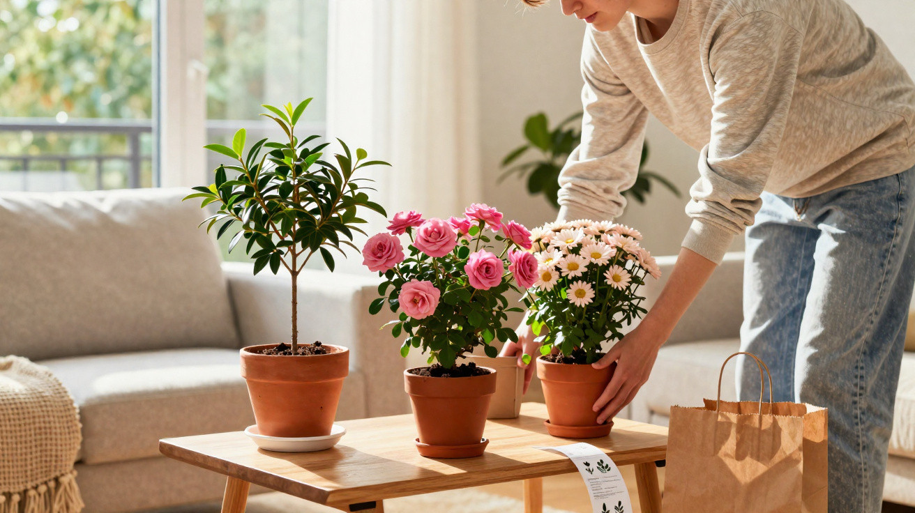 Pessoa a arranjar vasos de flores com rosa, margaridas e planta verde numa mesa de madeira na sala.