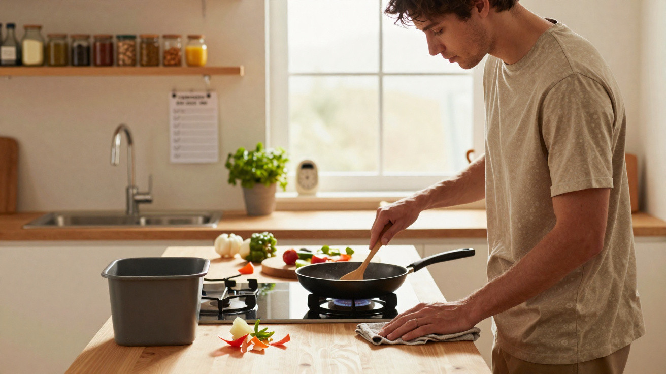 Homem a cozinhar numa cozinha moderna, mexendo uma frigideira num fogão a gás.