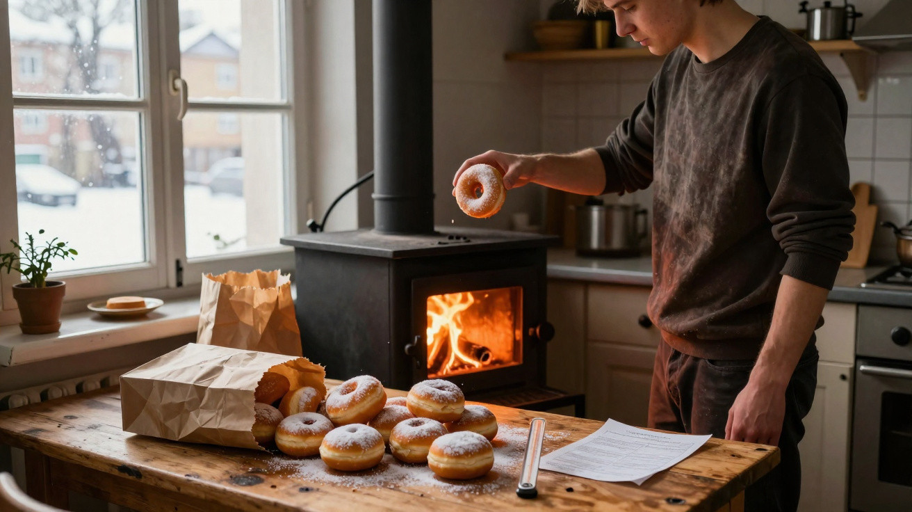 Homem com casaco castanho prepara e polvilha donuts em cozinha rústica com lareira acesa ao fundo.