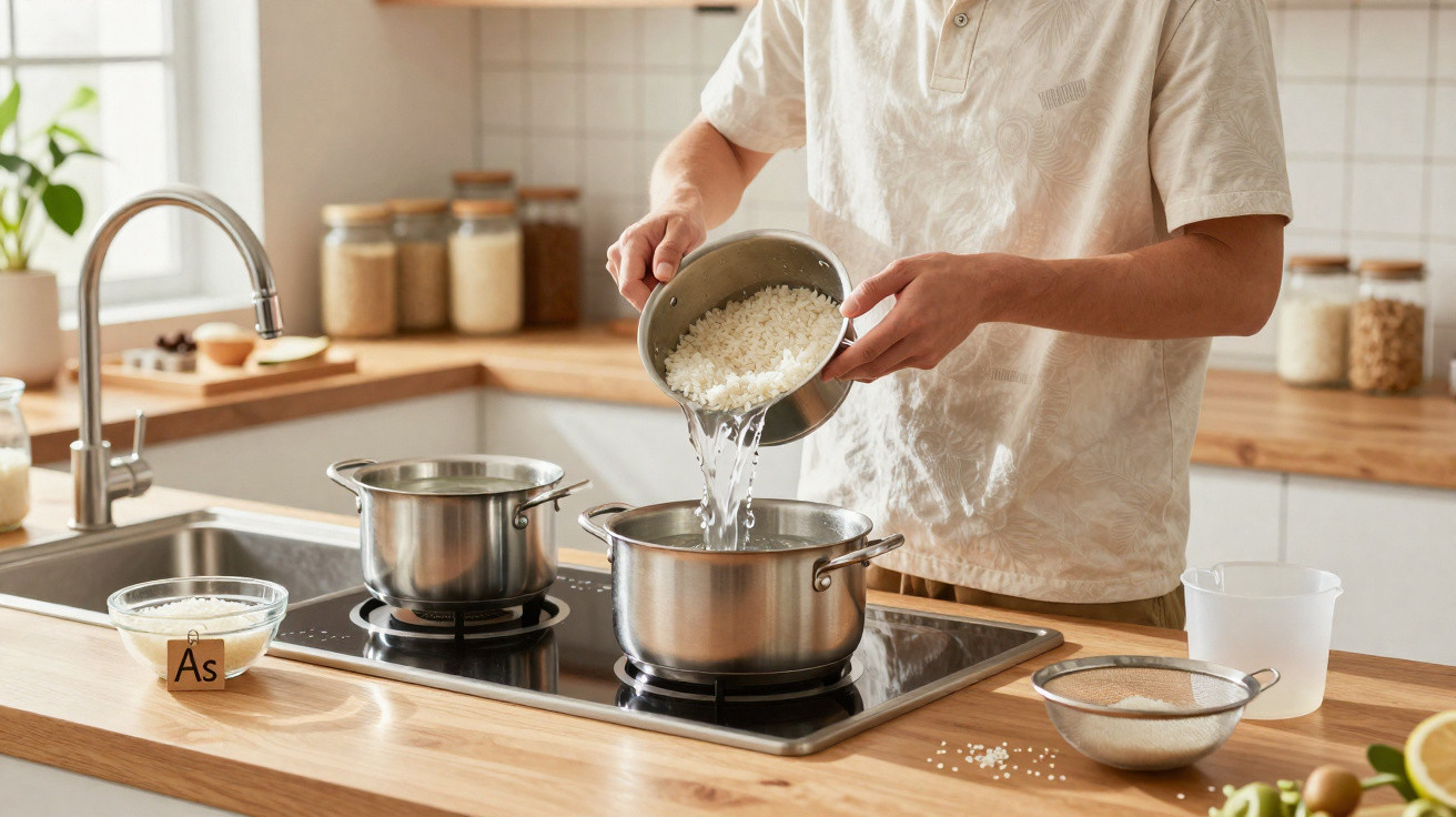 Pessoa a verter arroz e água numa panela na cozinha moderna com bancada de madeira e utensílios.