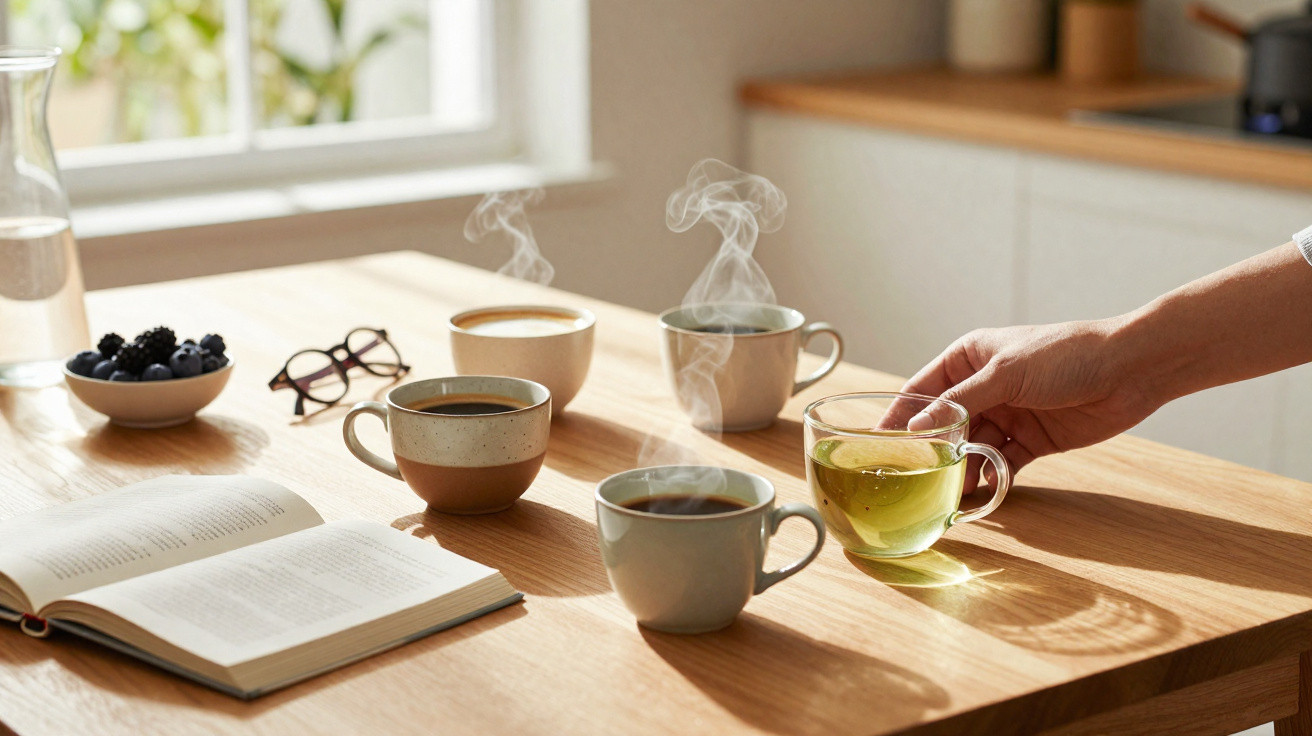 Mesa de madeira com quatro chávenas de café quente, chá verde, livro aberto e taça com frutos silvestres.