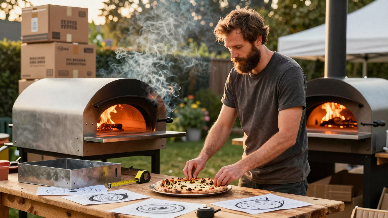 Homem a preparar pizza em forno a lenha num ambiente exterior com duas fornalhas acesas ao fundo.