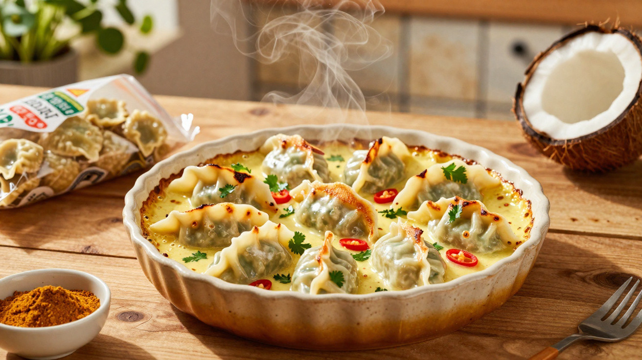 Taça com massa recheada gratinada em molho cremoso, decorada com coentros e pedaços de malagueta vermelha.