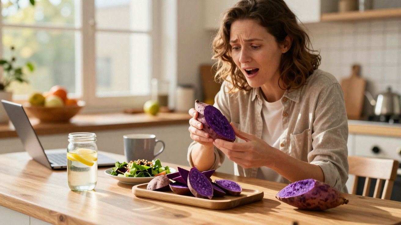 Mulher surpreendida ao cortar batata-doce roxa numa cozinha moderna, com prato e copo na mesa.