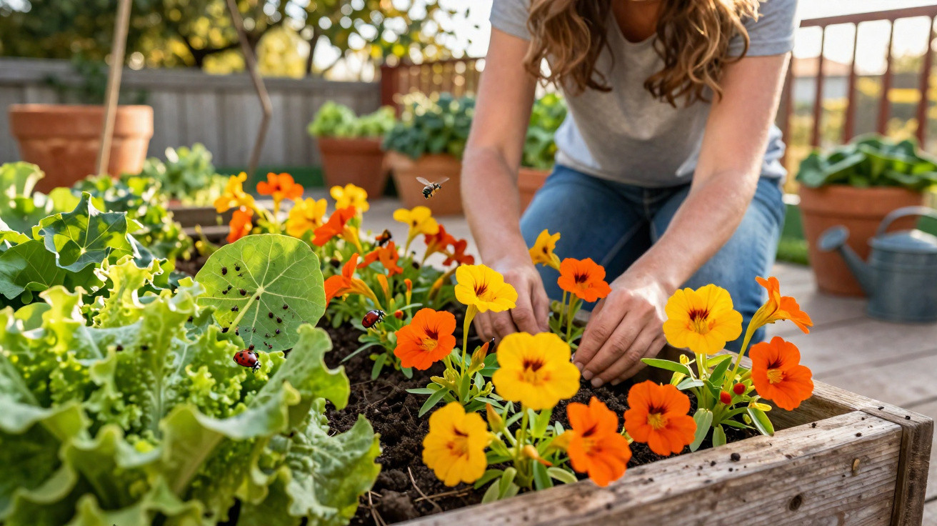 Pessoa a cuidar de flores amarelas e laranja numa horta elevada ao ar livre com plantas verdes ao lado.