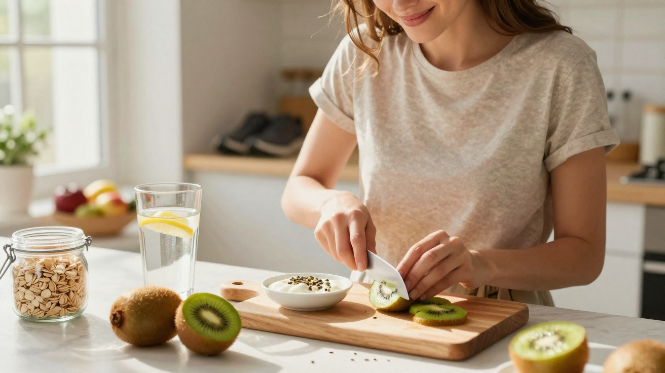 Mulher a cortar kiwi numa tábua de madeira com iogurte e copo de água com limão na cozinha.