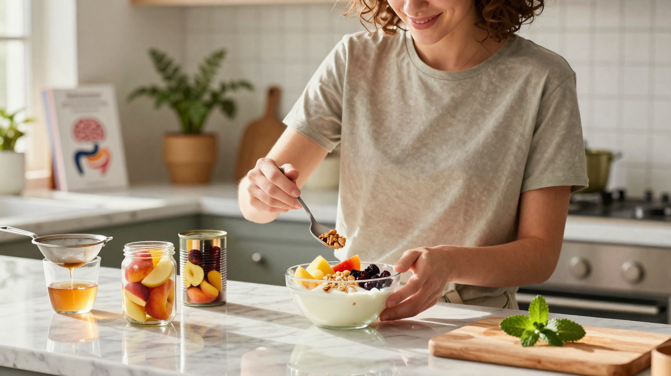 Pessoa a preparar tigela de iogurte com frutos, granola e mel numa cozinha luminosa.