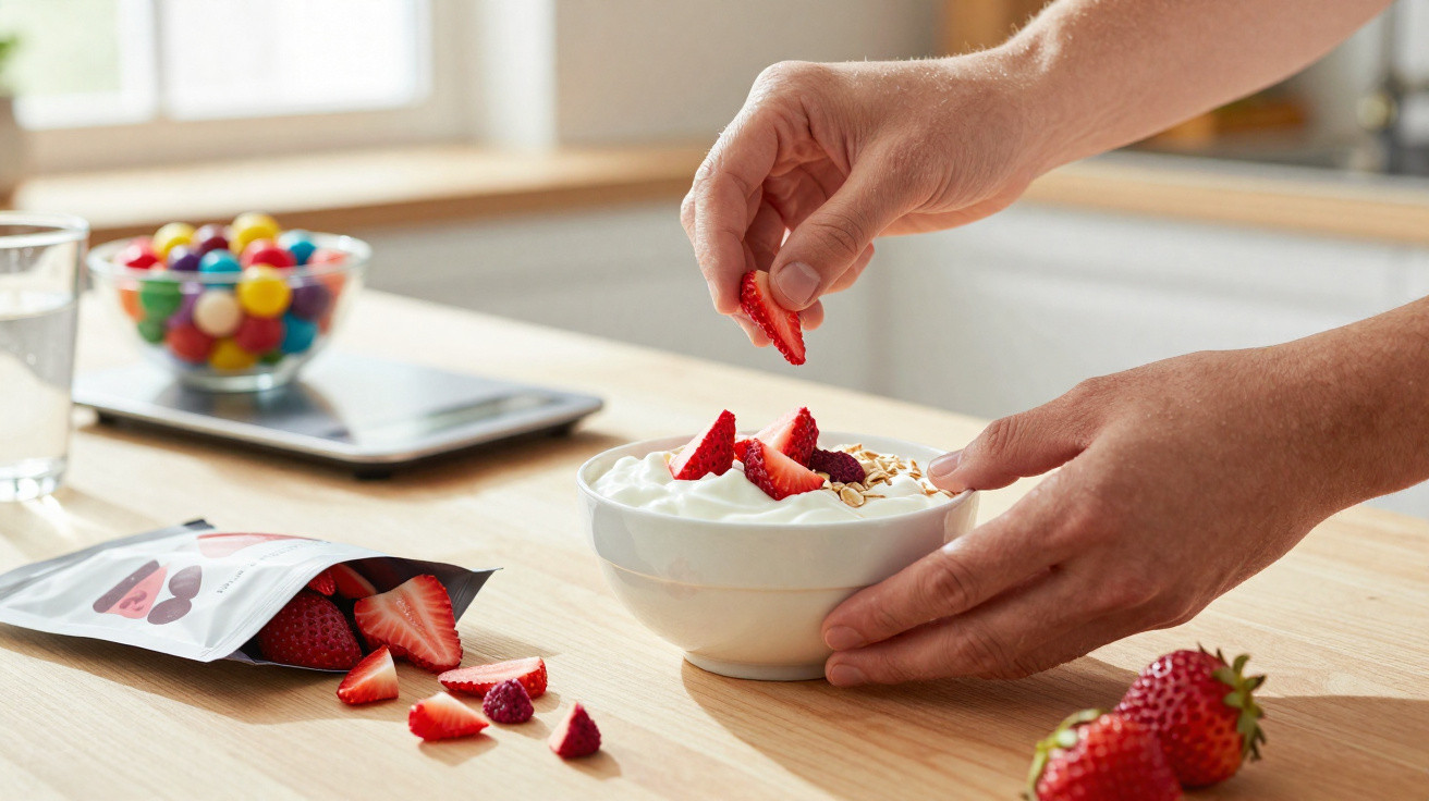 Mãos a colocar morangos fatiados num iogurte com frutos vermelhos e granola numa tigela branca sobre mesa de madeira.