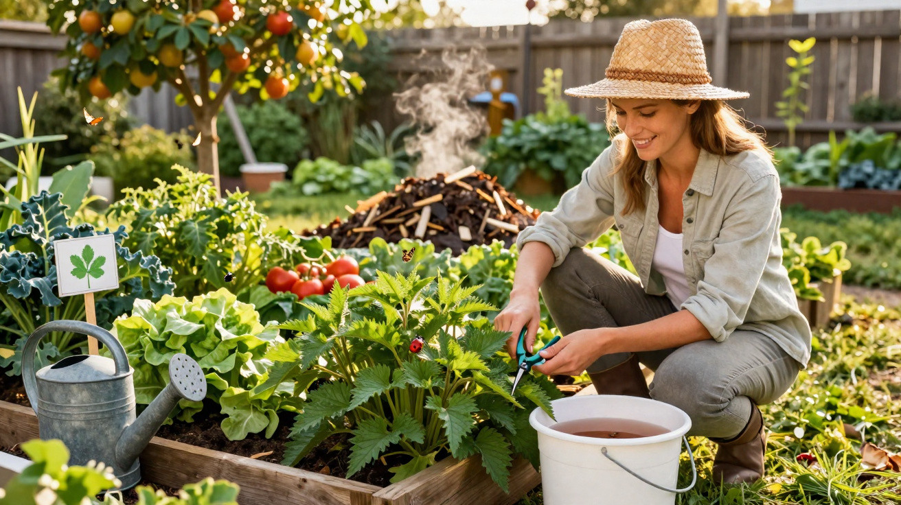 Mulher a cultivar plantas num jardim com chapéu de palha, rodeada de vegetação e legumes.