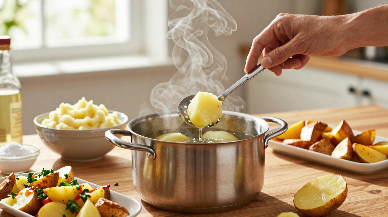 Mãos a retirar batatas quentes a cozer numa panela, com legumes assados e puré de batata numa mesa.