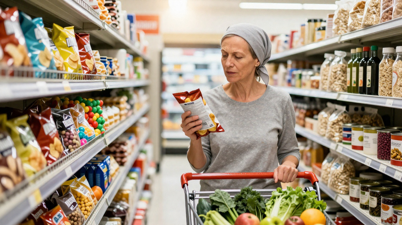 Mulher com lenço na cabeça lê etiqueta de snack enquanto faz compras no supermercado com carrinho cheio de legumes.