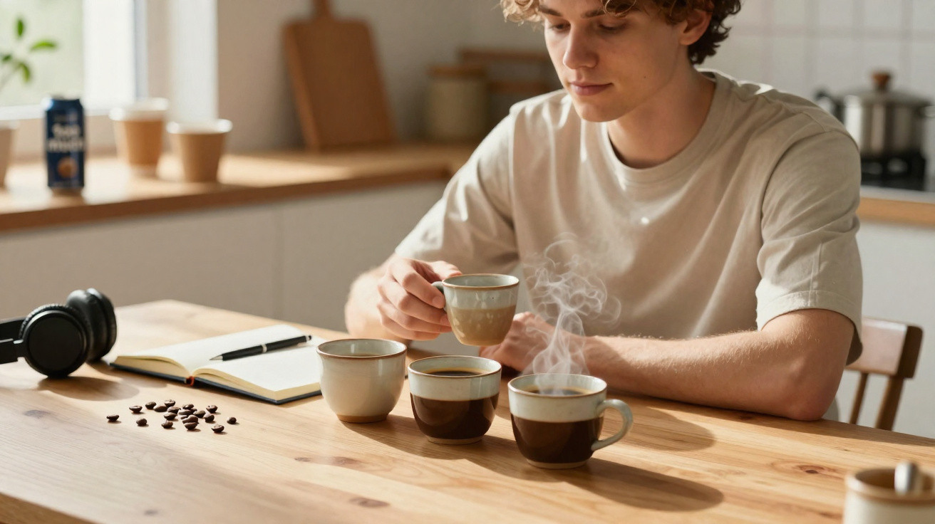 Jovem sentado à mesa provando café, com quatro chávenas à frente e notas ao lado, cozinha ao fundo.