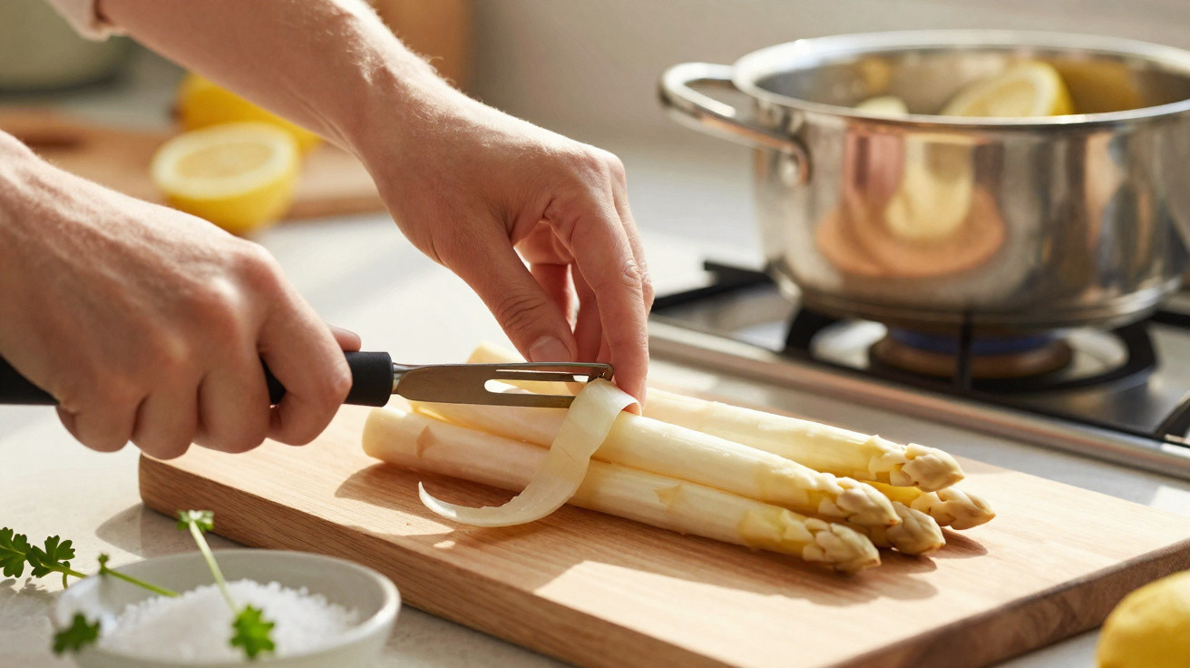 Mãos a descascar espargos brancos com descascador numa tábua de madeira na cozinha.