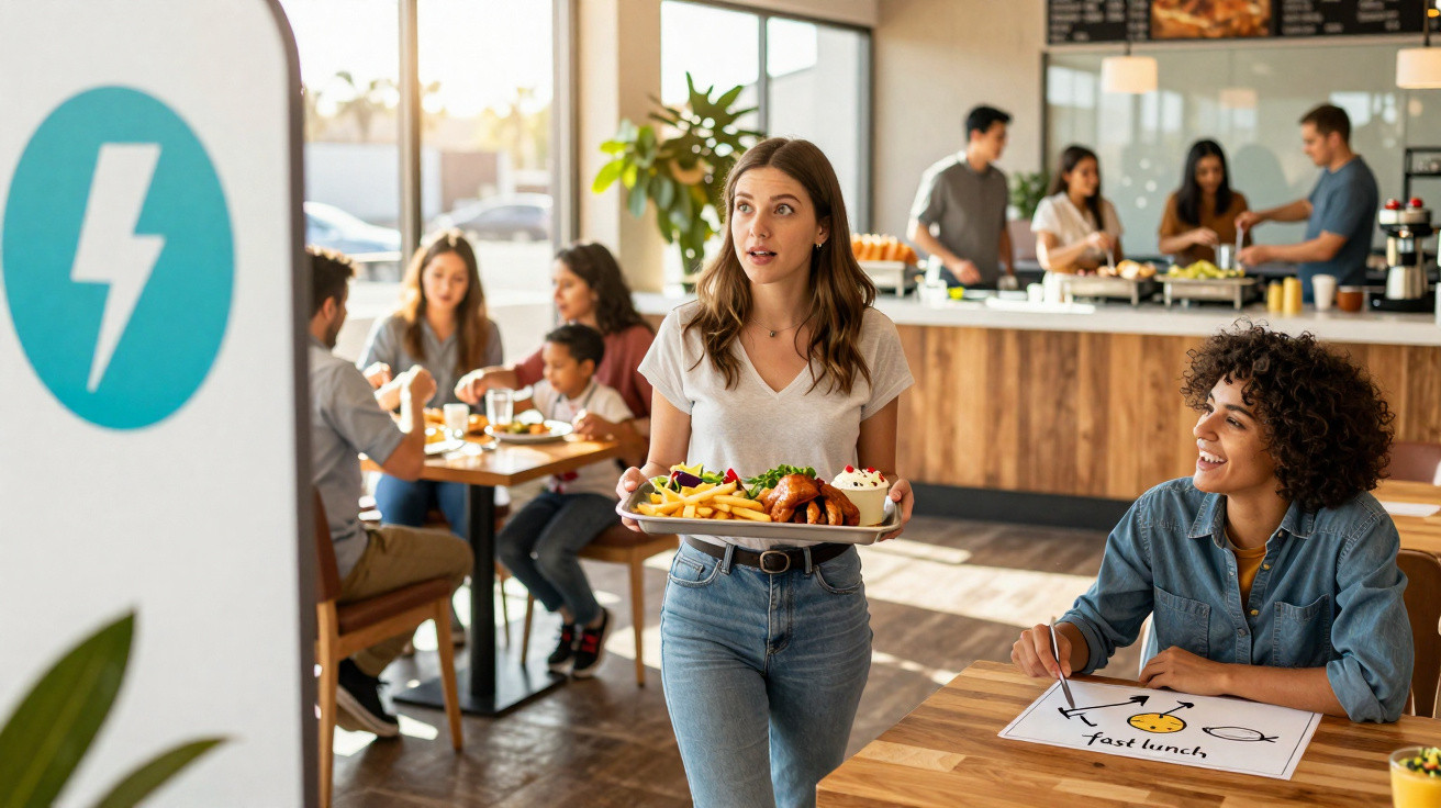 Mulher a servir comida num restaurante enquanto clientes esperam e comem ao fundo em ambiente descontraído.