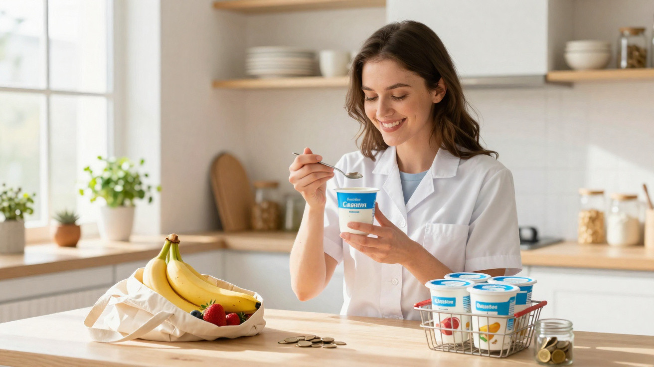 Mulher sorridente a vestir bata branca a comer iogurte na cozinha com fruto e moedas na mesa.