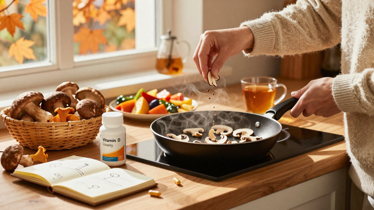 Pessoa a cozinhar cogumelos numa frigideira, com frascos de vitamina D e legumes numa bancada de cozinha.