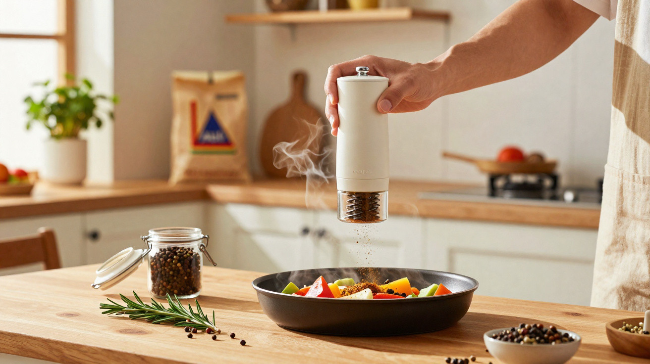 Mão a moer pimenta fresca sobre legumes coloridos numa tigela preta numa cozinha iluminada.