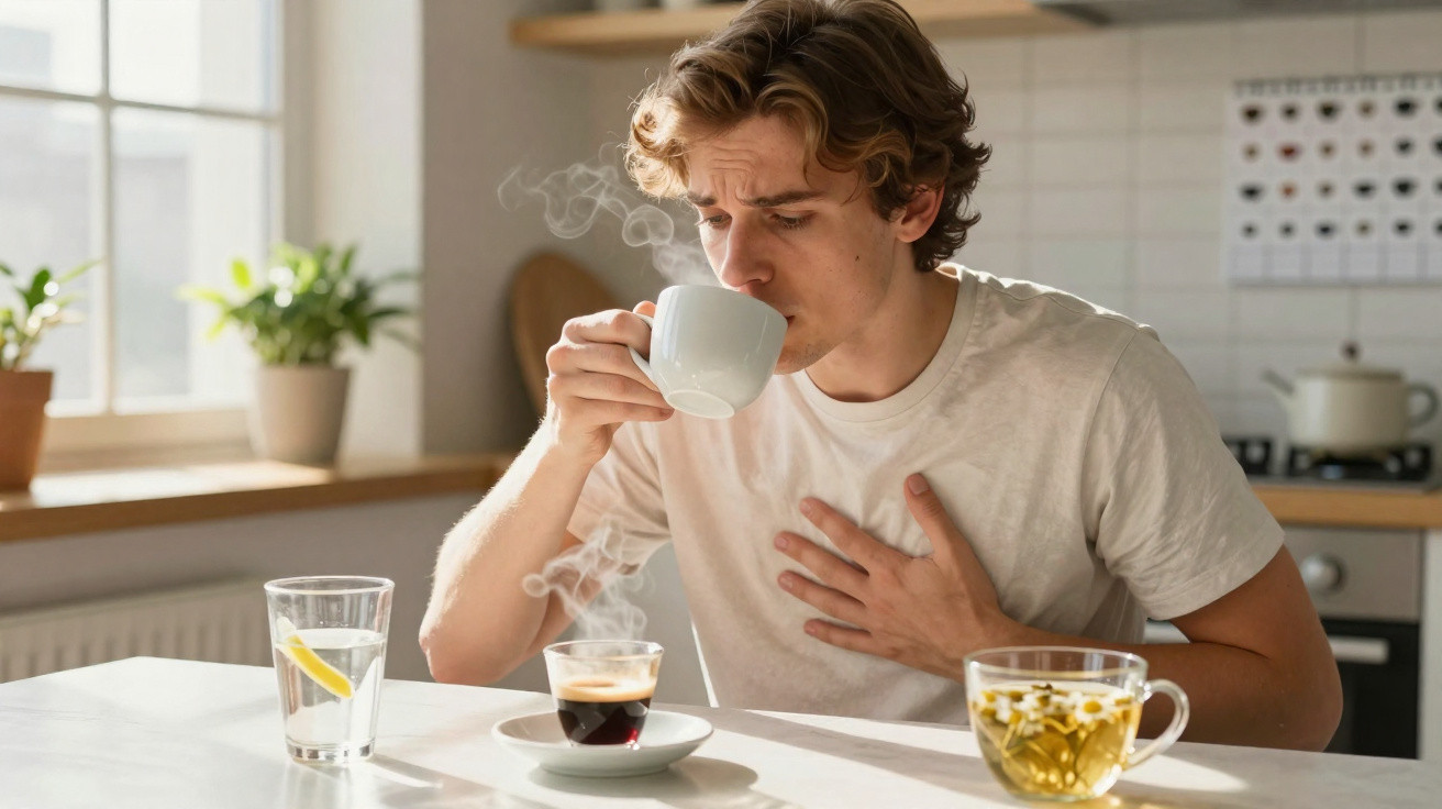 Homem a beber chá quente com expressão de desconforto e mão no peito numa cozinha iluminada.