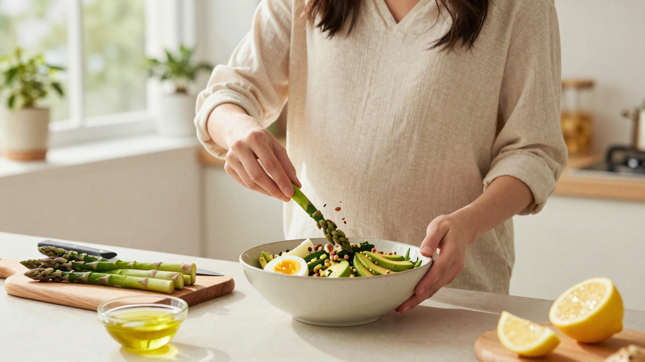 Pessoa a preparar uma salada com espargos, ovo cozido e abacate numa cozinha luminosa e organizada.