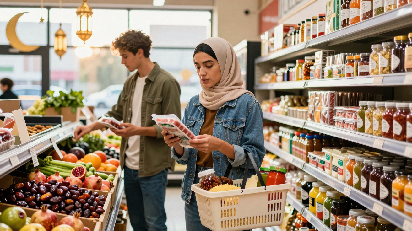 Jovem mulher com hijab e homem escolhem produtos numa loja de alimentos frescos e bebidas.
