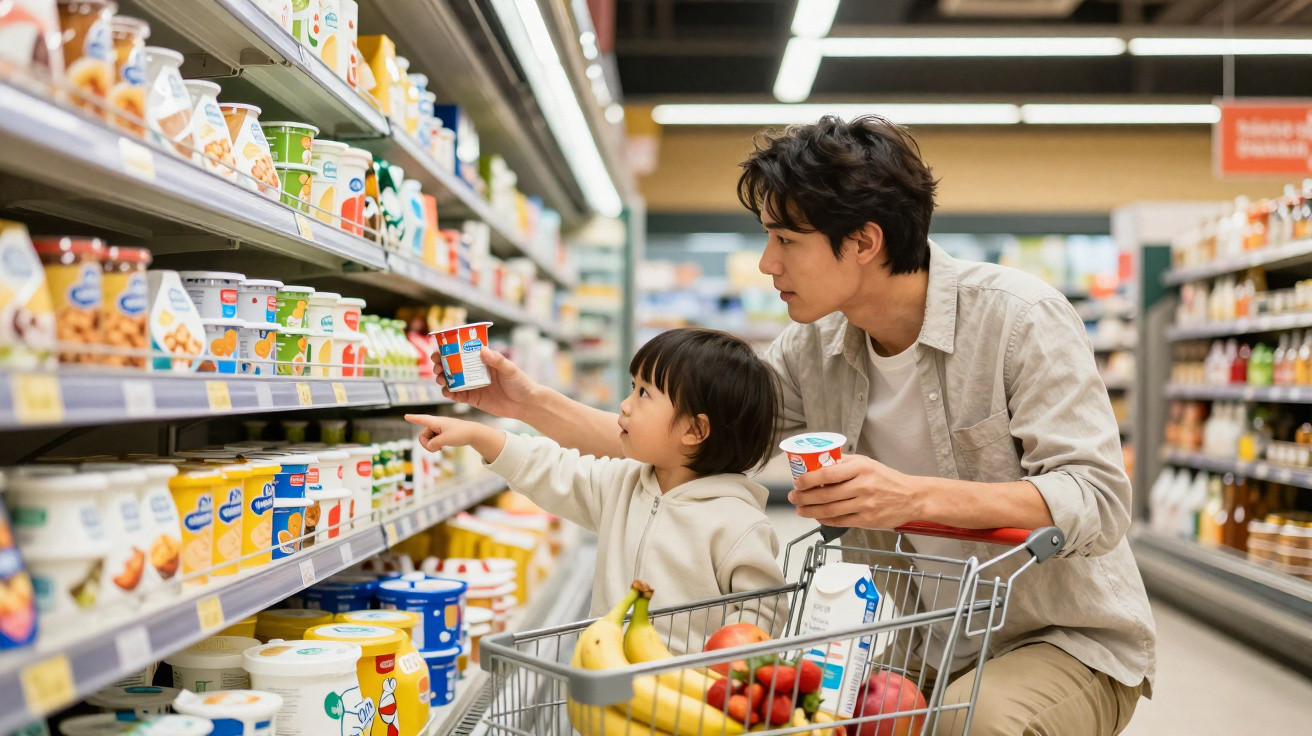 Pai e filho a escolher iogurtes na prateleira de supermercado com carrinho cheio de frutas e leite.