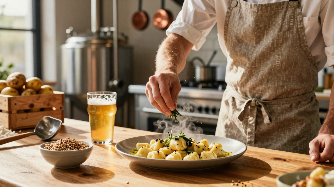 Cozinheiro a decorar prato de nhoques com ervas frescas numa cozinha acolhedora e iluminada.