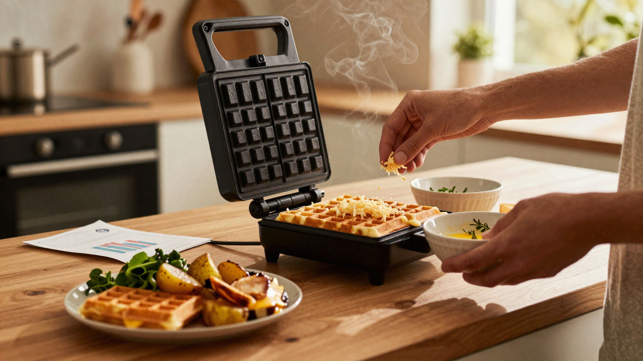 Pessoa a polvilhar queijo ralado num waffle quente numa máquina de waffles numa cozinha contemporânea.