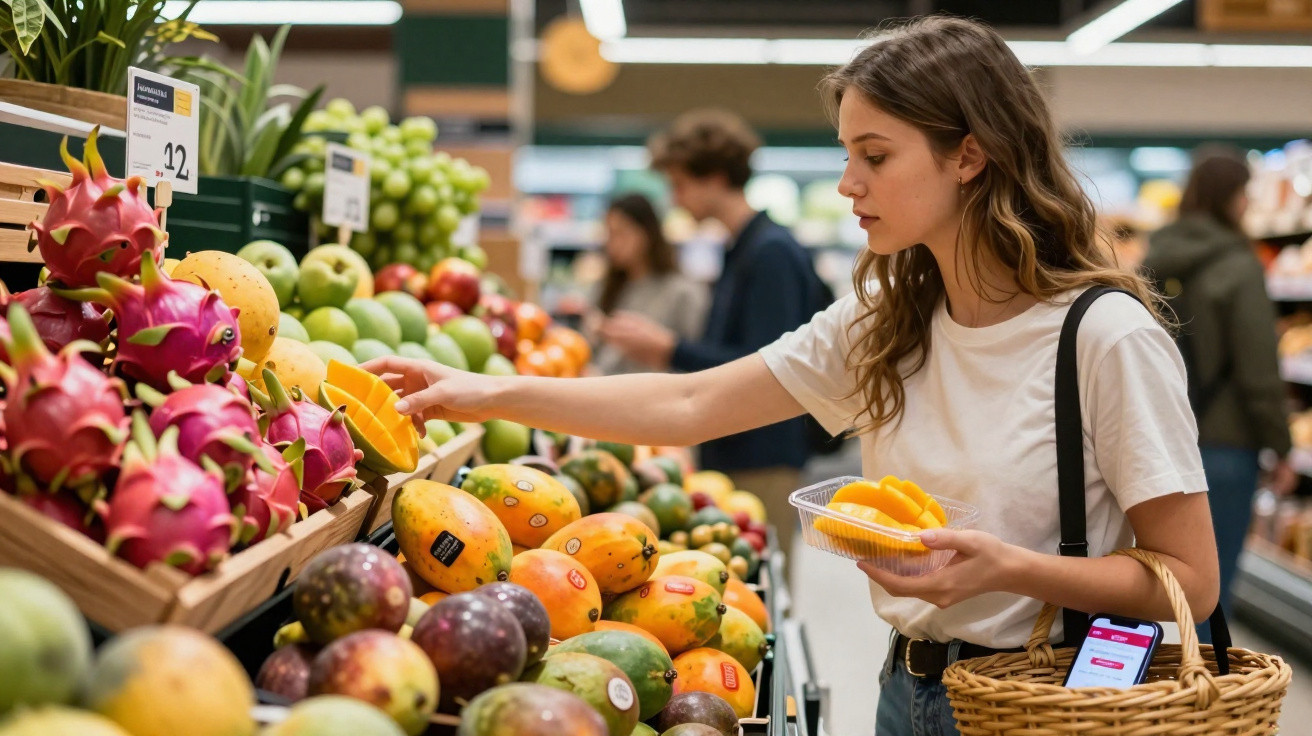 Mulher a escolher manga numa banca de frutas num supermercado, com cabaz de compras e telemóvel ao lado.