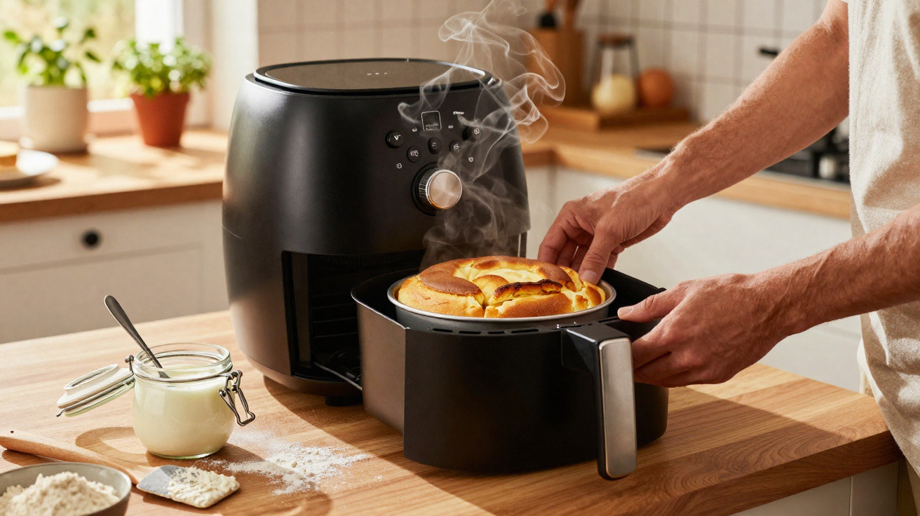 Pessoa a retirar pão quente e fumegante de uma air fryer preta numa cozinha iluminada.