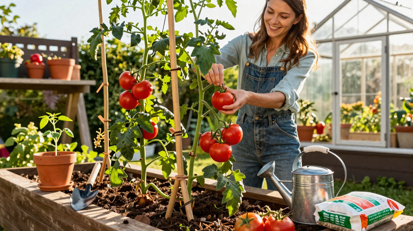 Mulher a colher tomates vermelhos numa estufa, rodeada de plantas e ferramentas de jardinagem.