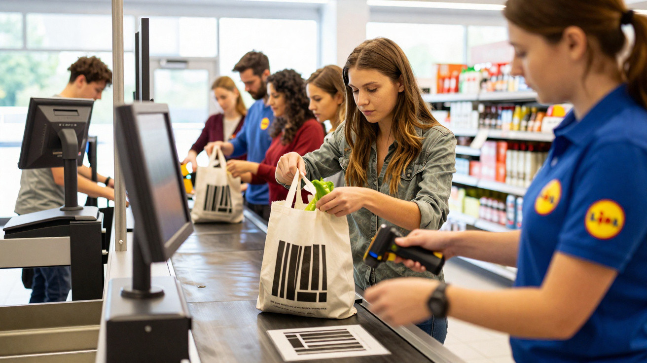 Clientes a pagar compras na caixa de supermercado Lidl com funcionária a passar produtos no leitor.