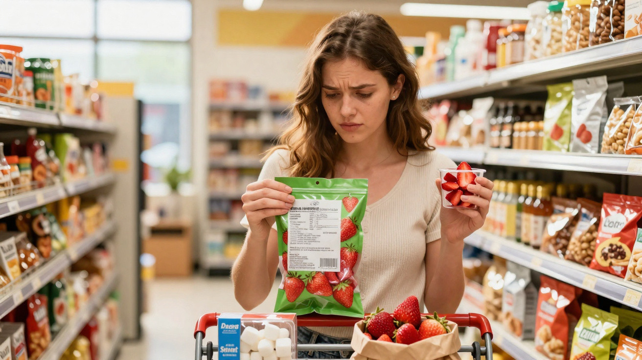Mulher com expressão preocupada lê rótulo de embalagem de morangos num supermercado.