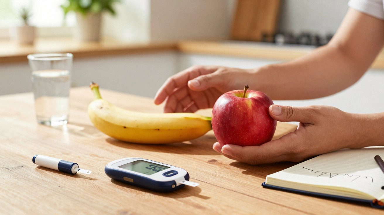 Pessoa segurando uma maçã com banana, monitor de glicose e lanceta sobre mesa de cozinha.