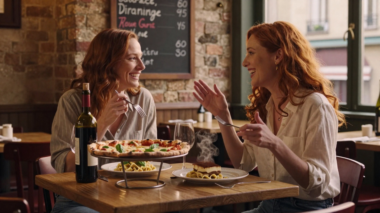 Duas mulheres risonhas a jantar pasta e pizza num restaurante acolhedor com vinho na mesa.